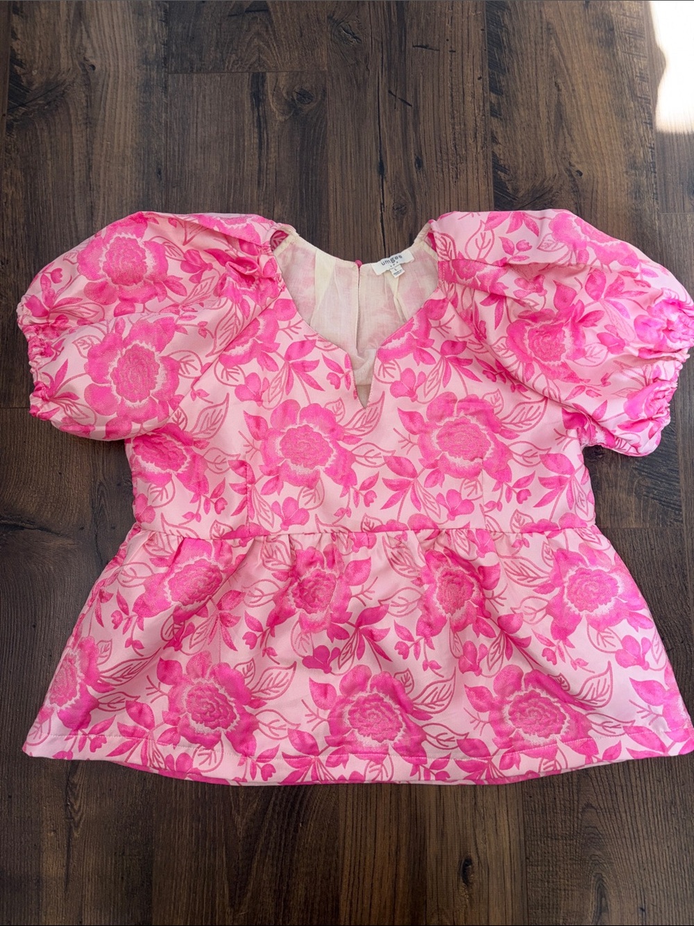 Umgee Pink Floral Puff-Sleeve Peplum Blouse